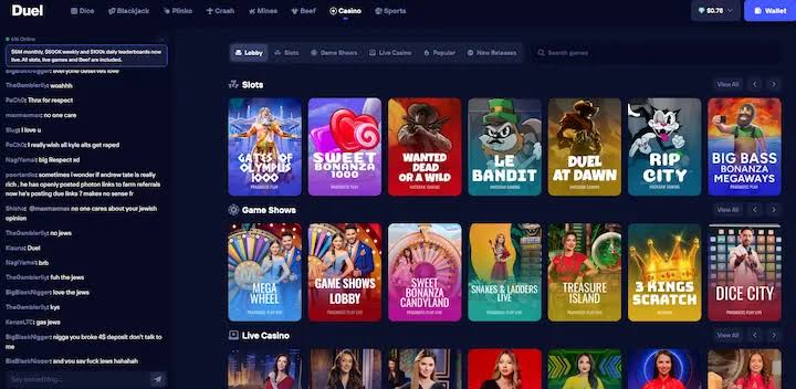 Lobby Duel Casino – sloty Gates of Olympus i Sweet Bonanza, game show, live oraz menu z minigrami Dice, Plinko i Crash