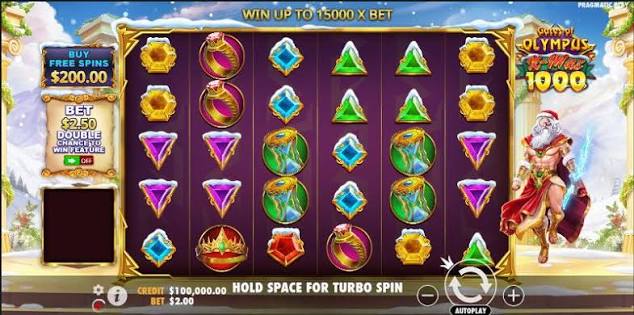 Gates of Olympus slot od Pragmatic Play – gra bazowa na siatce 6×5 scatter-pay z Zeusem obok bębnów