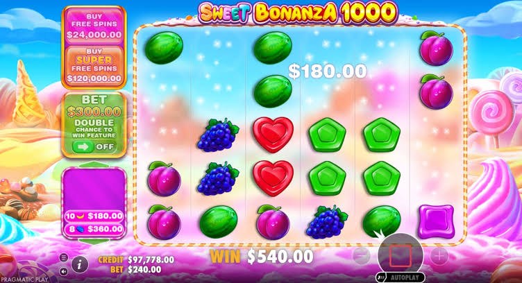 Sweet Bonanza darmowe spiny – kaskada owoców z wyświetlaczem wygranej w rundzie bonusowej