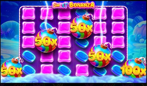 Sweet Bonanza bomby mnożnikowe 50× i 100× na siatce podczas kaskady w darmowych spinach